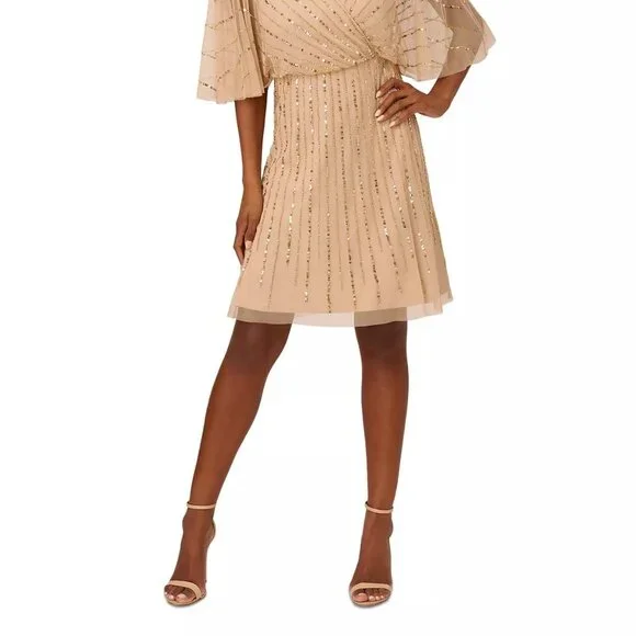 PAPELL STUDIO Women's Beaded Faux-Wrap Sheath Dress Champagne Gold Size 8 - Picture 4 of 4